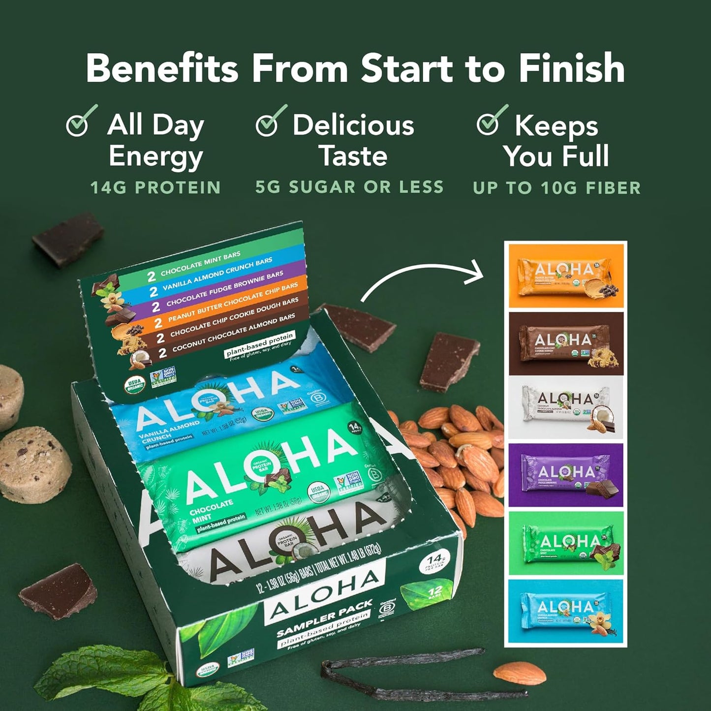 ALOHA Organic Plant Based Protein Bars - 6 Flavor Variety Pack - 12 Count