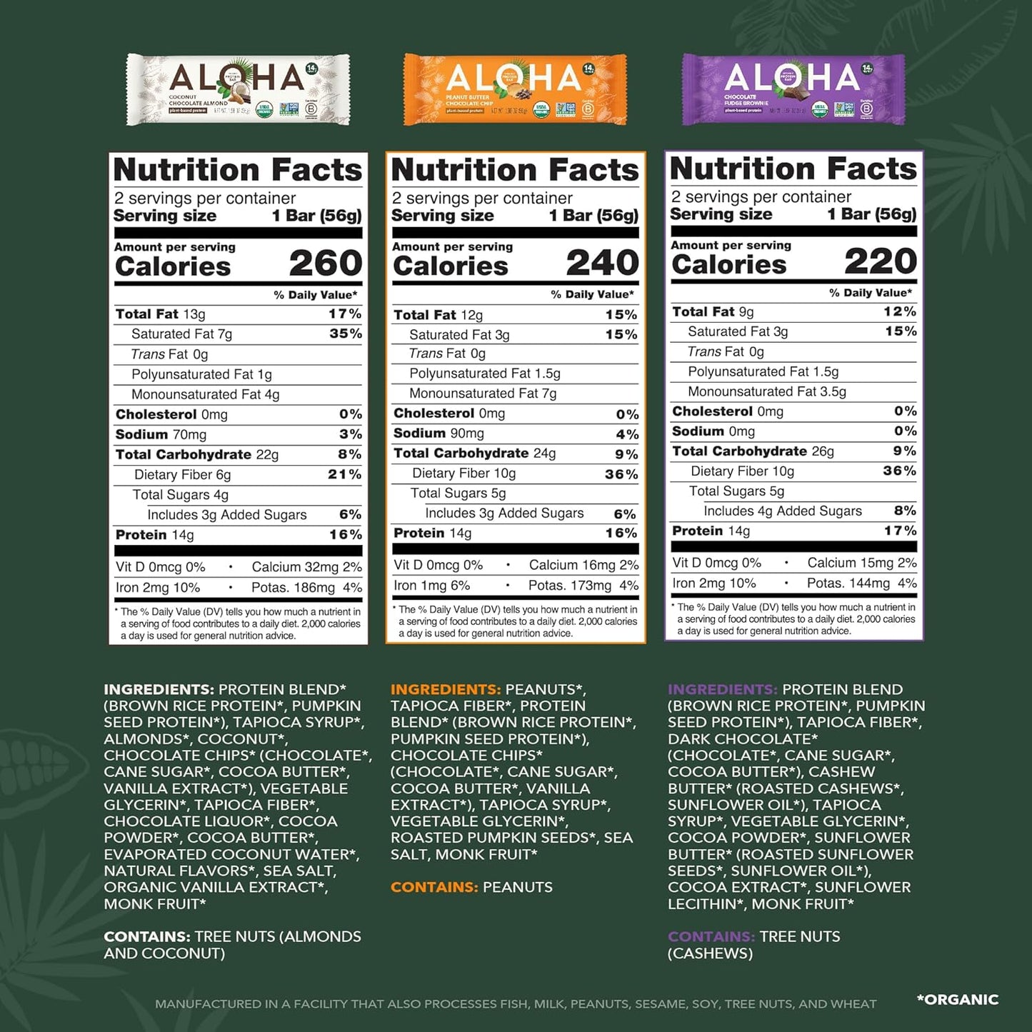 ALOHA Organic Plant Based Protein Bars - 6 Flavor Variety Pack - 12 Count