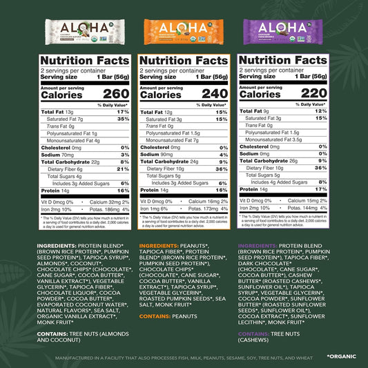 ALOHA Organic Plant Based Protein Bars - 6 Flavor Variety Pack - 12 Count